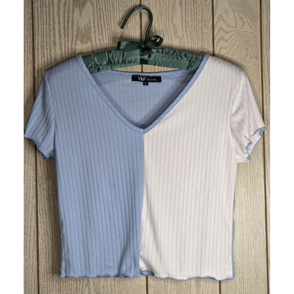 YMI Collections Color-Block Ribbed Crop Top Baby Blue White Lettuce Trim L